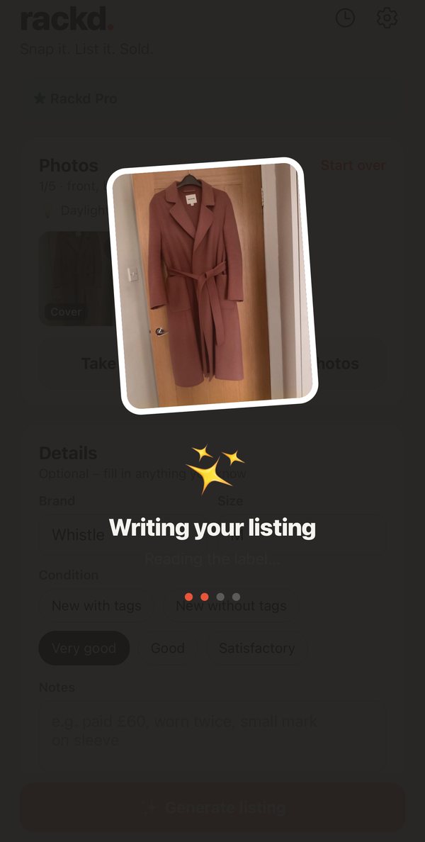 Rackd writing a listing from a photo of a Whistles wrap coat